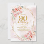 Aquarelle Pastel Pink Gold Floral 90e Invitation (Devant)