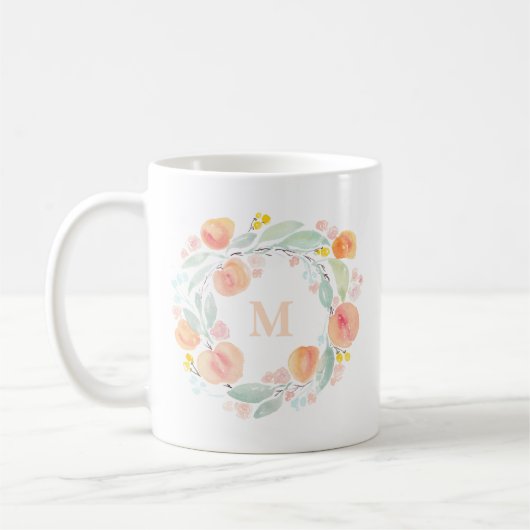 Aquarelle Peaches Folithe Wreath Monogramme Mug (Gauche)