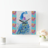 Aquarelle Peacock Blue Bird Aqua Rose Horloge (Maison)