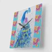 Aquarelle Peacock Blue Bird Aqua Rose Horloge (Angle)