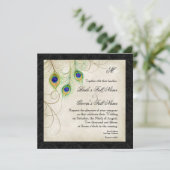 Aquarelle Peacock Feather Black Damask Invitation (Debout devant)
