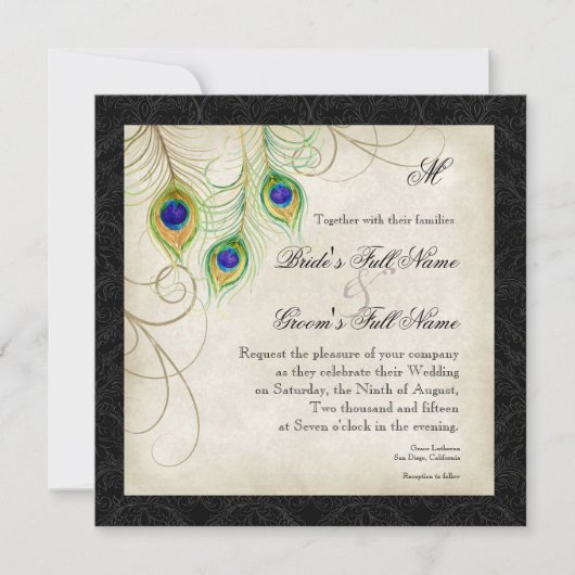 Aquarelle Peacock Feather Black Damask Invitation (Devant)