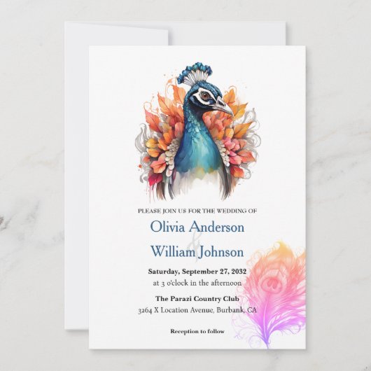 Aquarelle Peacock Invitations de mariage (Devant)