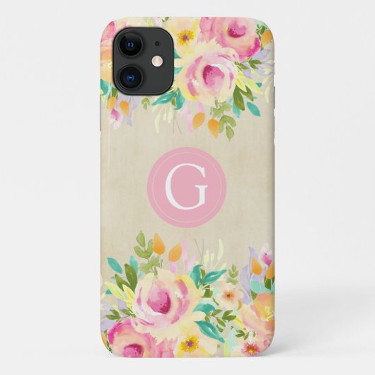 Aquarelle peinte Floral Monogramme iPhone 11 Coque (Dos)