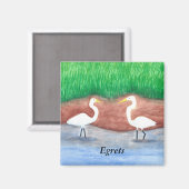Aquarelle Peinture Deux Aigrettes Blancs Aimant (Recto/Verso)