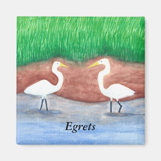 Aquarelle Peinture Deux Aigrettes Blancs Aimant (Devant)