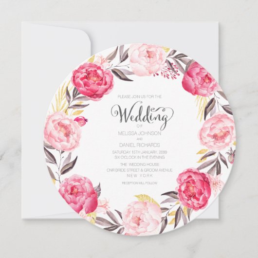 Aquarelle Peonies Floral Wreath Wedding Invitation (Devant)