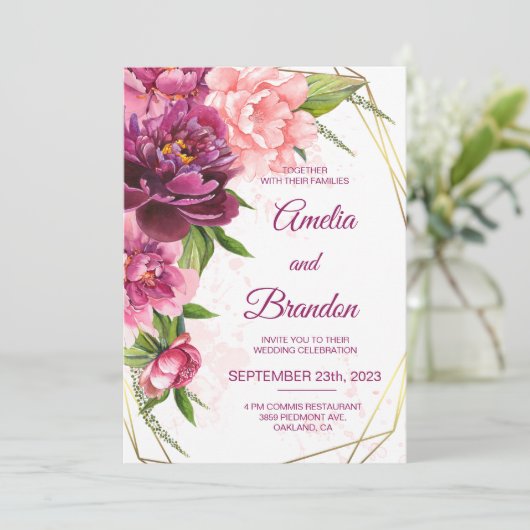 Aquarelle Peonies roses Faire-part de mariage rust (Debout devant)