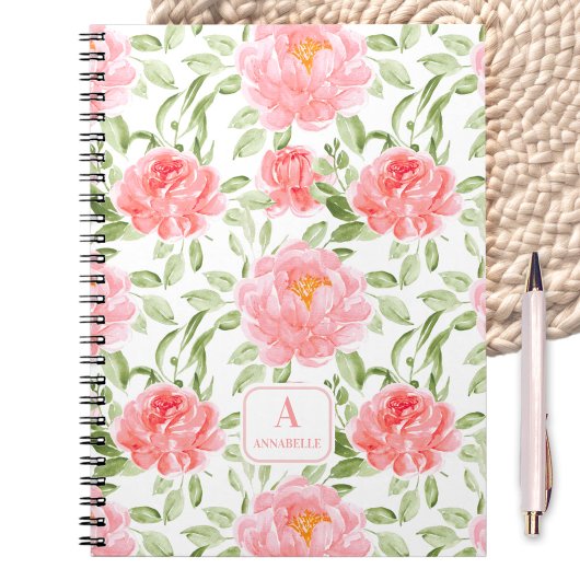 Aquarelle Peony Motif Floral Monogramme Carnet