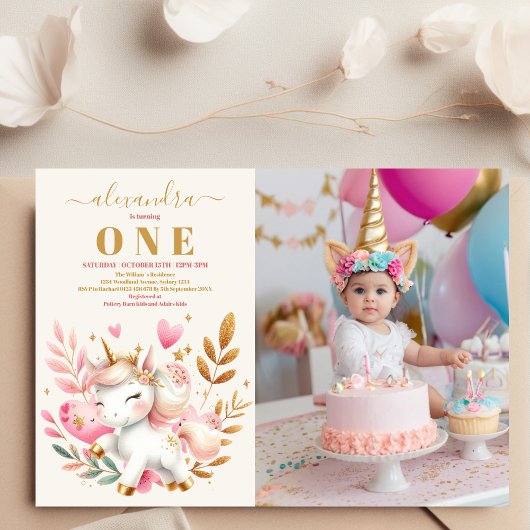 Aquarelle photo Unicorn Anniversaire Invitation 1è