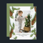 Aquarelle Pinecones neige photo Carte de Noël<br><div class="desc">Joyeux Noël! Envoyez des salutations chaleureuses à votre famille et à vos amis avec cette carte de Noël photo personnalisable. Il présente des illustrations d'aquarelle de pinecones enneigés et d'aiguilles de pin. Les textes sont entièrement modifiables. Personnalisez en ajoutant des noms, des messages, des photos et d'autres détails. Cette carte...</div>