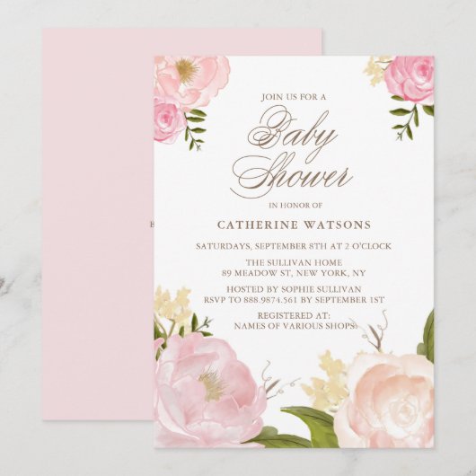 Aquarelle Pink Peonies Baby shower Invitation (Devant / Derrière)