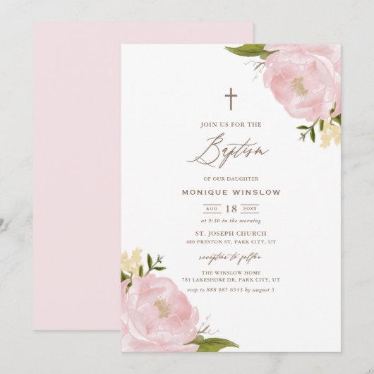 Aquarelle Pink Peonies Baptême Invitation (Devant / Derrière)