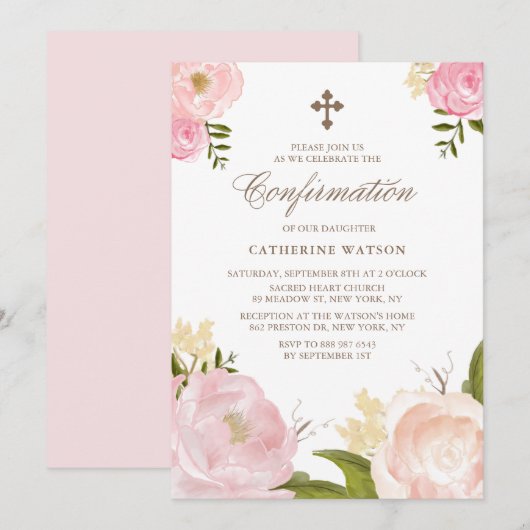 Aquarelle Pink Peonies Confirmation Invitation (Devant / Derrière)