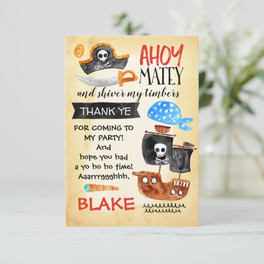 Aquarelle Pirate Carte de remerciements d'annivers (Debout devant)