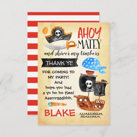 Aquarelle Pirate Carte de remerciements d'annivers (Devant / Derrière)