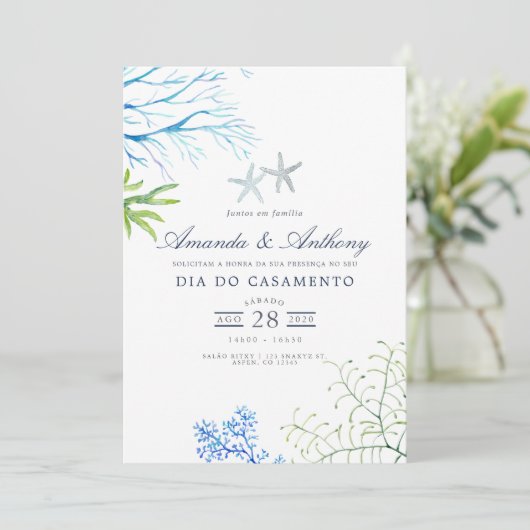 Aquarelle Plage d'algues Faire-part de mariage à t (Debout devant)