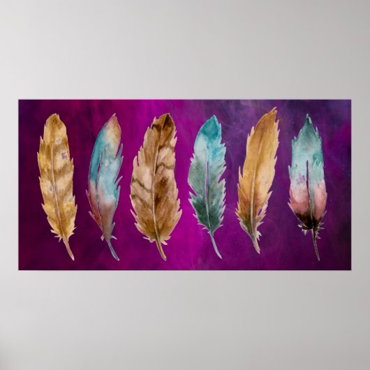 Aquarelle Plumes violet Brown bleu Poster Imprimer (Devant)