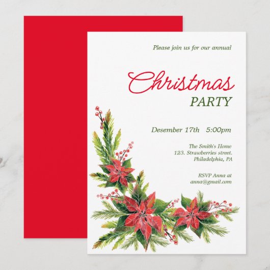 Aquarelle poinsettia fête de Noël Invitation (Devant / Derrière)