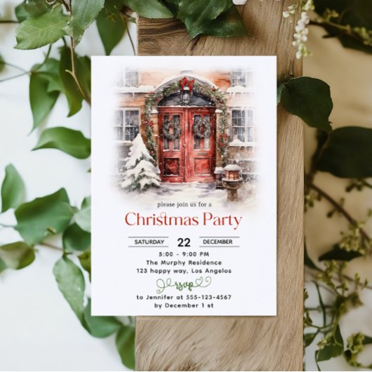 Aquarelle Porte rouge Fête de Noël Invitation