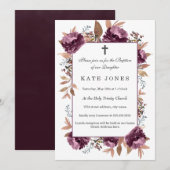 Aquarelle pourpre fleurie Baptême Invitation (Devant / Derrière)