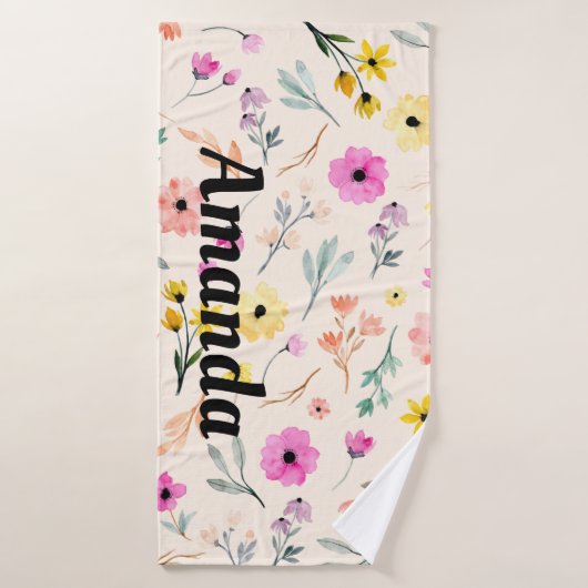 Aquarelle printanière Floral Nom personnalisé (Serviette de bain)