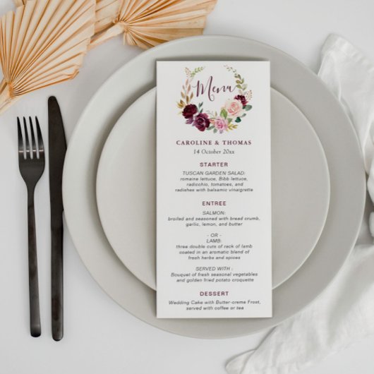 Aquarelle prune violet & pêche menu mariage