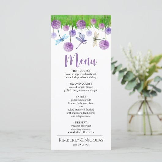 Aquarelle Purple Fleurs Menu Mariage Dîner (Debout devant)