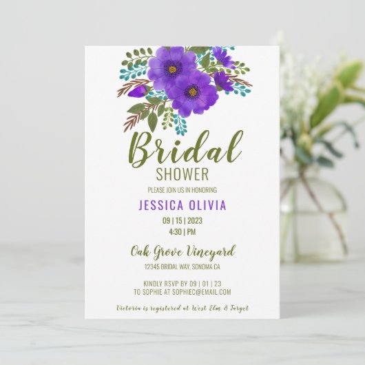 Aquarelle Purple Floral Douche nuptiale Invitation (Debout devant)