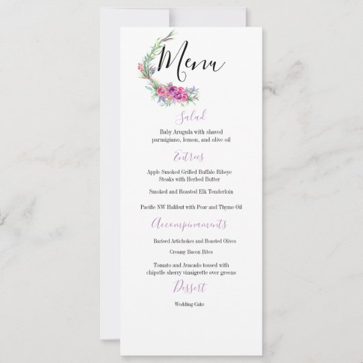 Aquarelle Purple Floral Élégant Menu Mariage (Devant)