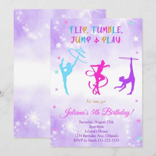 Aquarelle Purple Gymnastique Invitation d'annivers (Devant / Derrière)