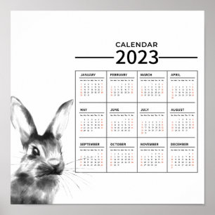 Aquarelle Rabbit Année Calendrier Poster 2023