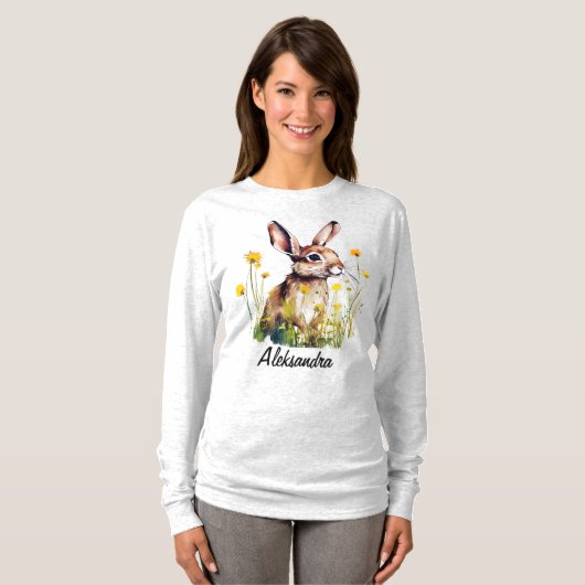 Aquarelle Rabbit Fleur Jaune Long Manche TShirt (Devant entier)