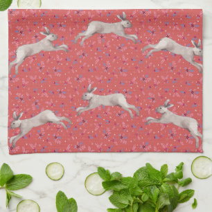 Aquarelle Rabbit Rouge Floral Serviette de cuisine