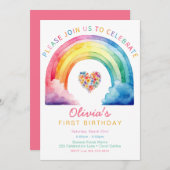Aquarelle Rainbow Heart 1er Invitation d'anniversa (Devant / Derrière)