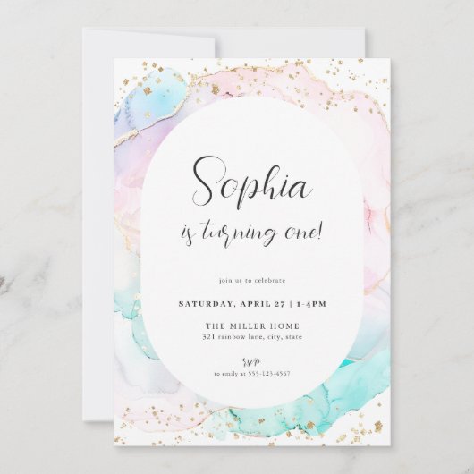 Aquarelle Rainbow Pastel Gold Invitation d'anniver (Devant)