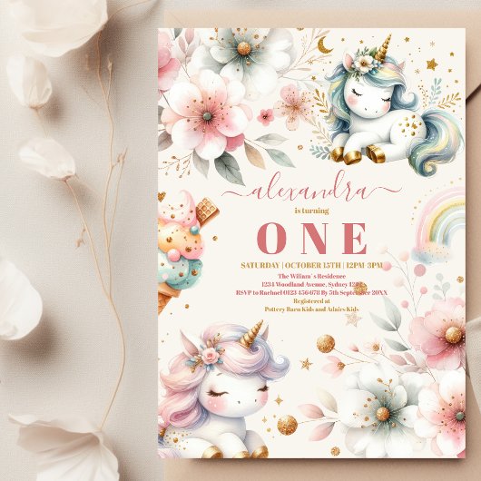 Aquarelle Rainbow Unicorn Invitation 1er anniversa