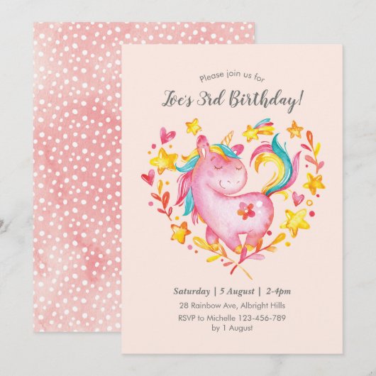 Aquarelle Rainbow Unicorn Invitation d'anniversair (Devant / Derrière)