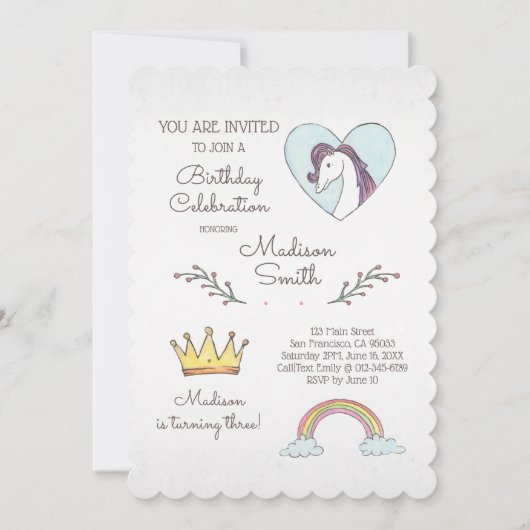 Aquarelle Rainbow Unicorn Invitation d'anniversair (Devant)