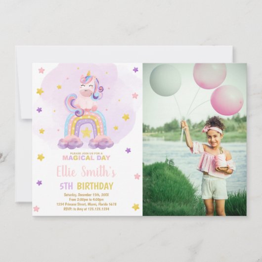 Aquarelle Rainbow Unicorn Invitations d'anniversai (Devant)