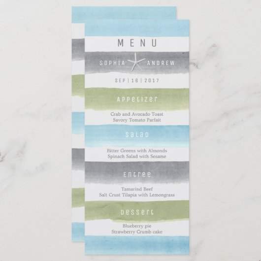 Aquarelle rayures de plage rustique menu de mariag (Devant / Derrière)