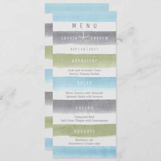 Aquarelle rayures de plage rustique menu de mariag (Devant / Derrière)