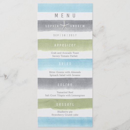 Aquarelle rayures de plage rustique menu de mariag (Devant)