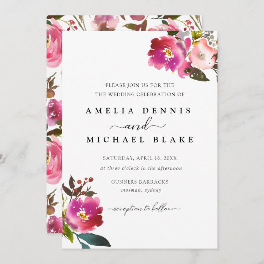 Aquarelle Ressort Faire-part de mariage floral (Devant / Derrière)