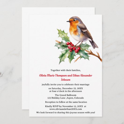 Aquarelle Robin faire-part de mariage de Noël (Devant / Derrière)
