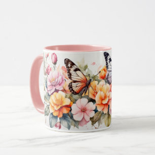 Aquarelle Romantique Élégant Papillon Fleurs Mug