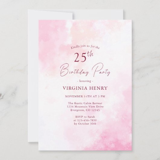 Aquarelle rose 25e anniversaire Invitation (Devant)