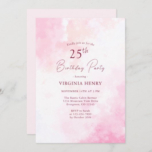 Aquarelle rose 25e anniversaire Invitation (Devant / Derrière)