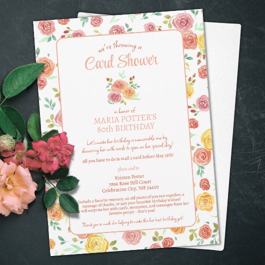 Aquarelle Rose 80e carte d'anniversaire Douche