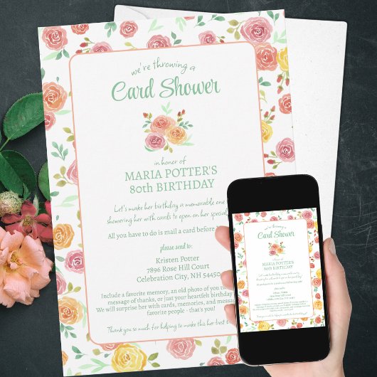 Aquarelle Rose 80e carte d'anniversaire Douche